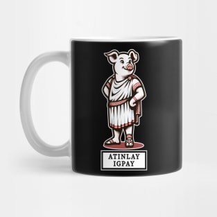 Latin Pig in Toga Cartoon T-Shirt, Funny Pig Latin Phrase Tee, Novelty Graphic Shirt, for Pig and Pig Latin Enthusiasts Mug